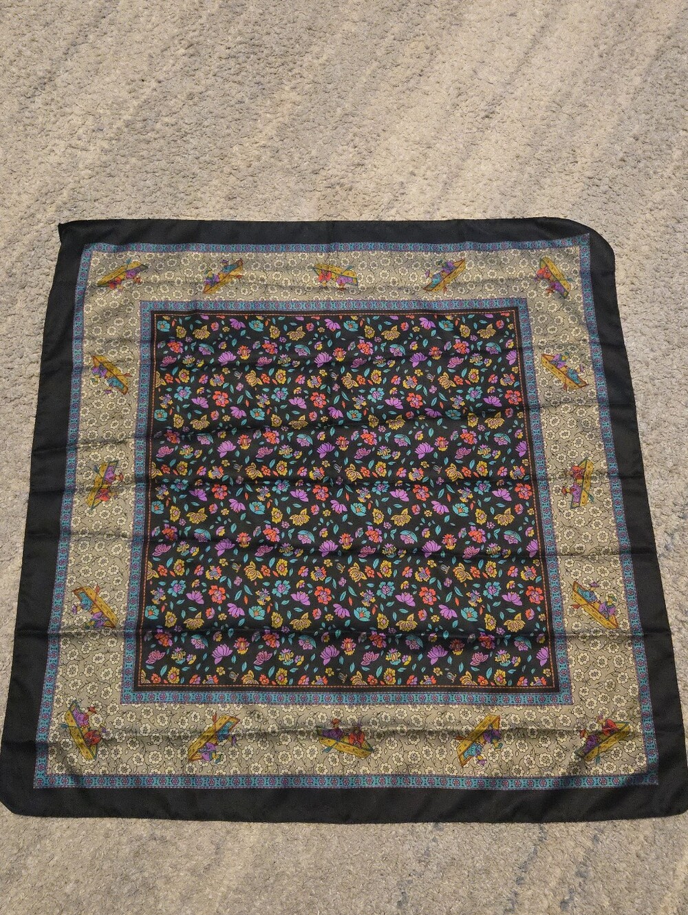 Vintage Square Silk Scarf Black Floral Novelty Boat Print Cottagecore 31"x31"